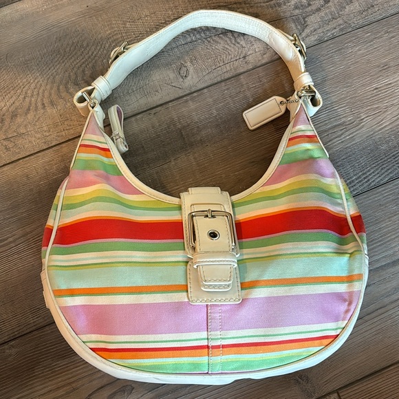 Coach Hampton Multicolor Striped Hobo Shoulder Bag White Leather - Picture 4 of 16